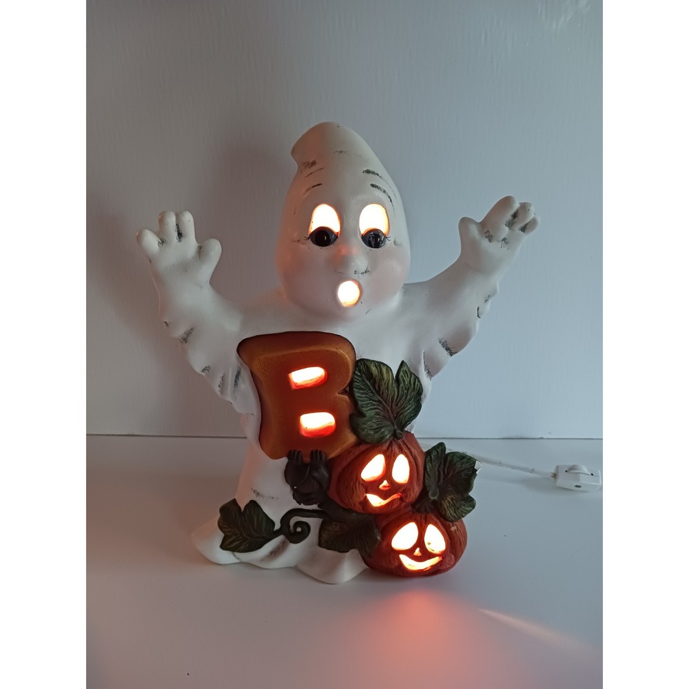 👻Vintage Hand Painted Ceramic Halloween Ghost Figurine with Light BOO 12"